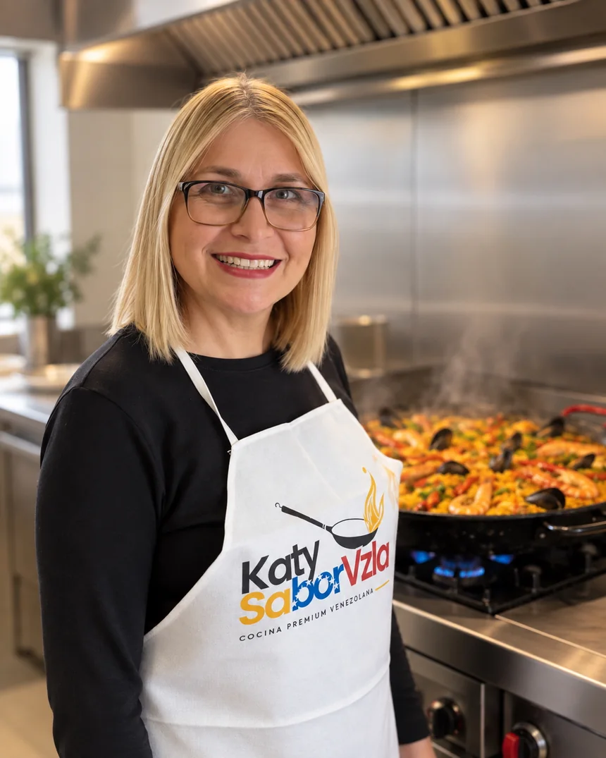 Yerly, chef de KatySaborVzla, junto a la paellera en su cocina