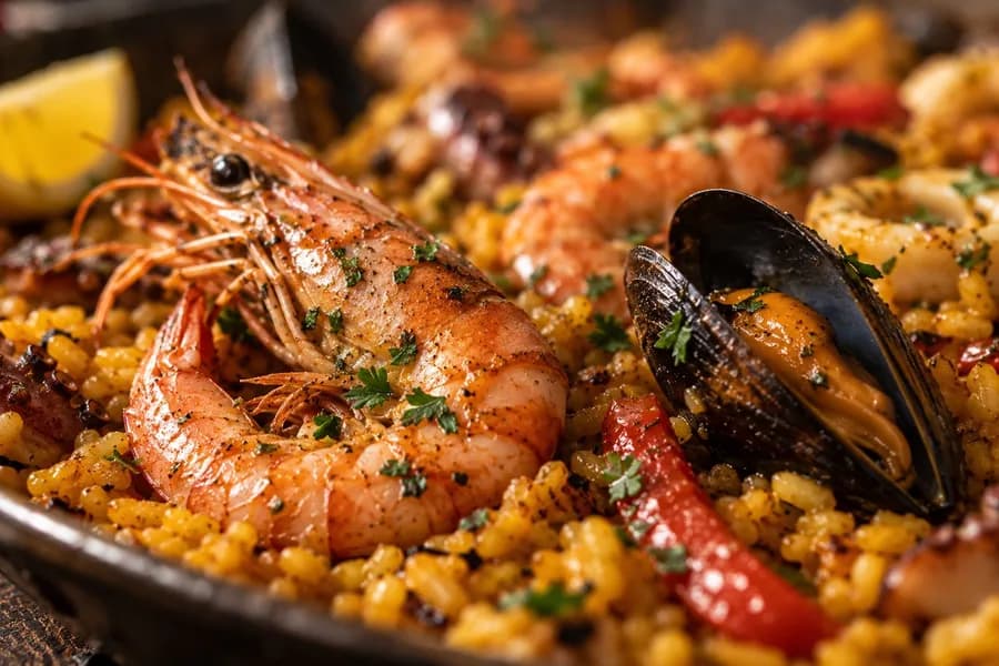 Close-up del arroz con un camarón jumbo y un mejillón abierto