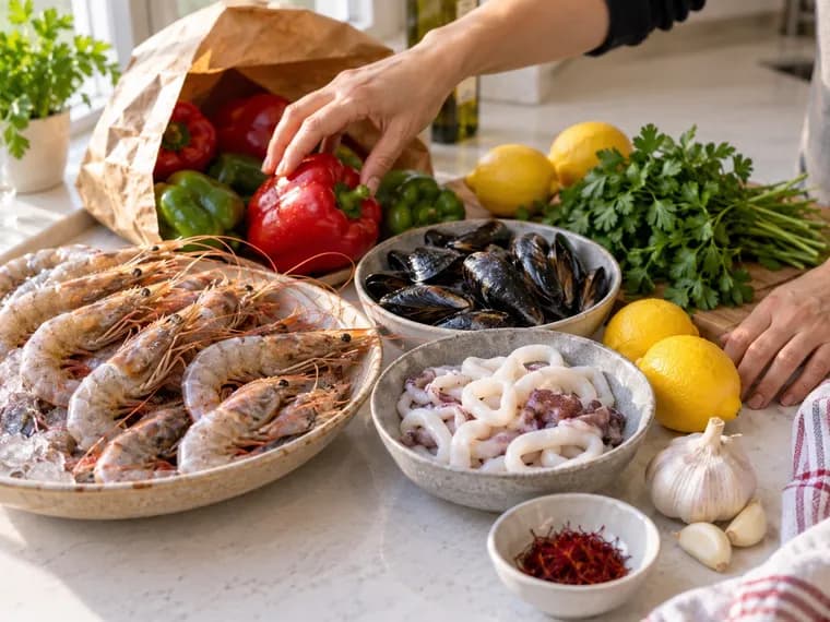 Mariscos y verduras frescas sobre la mesa de trabajo, listos para la paella