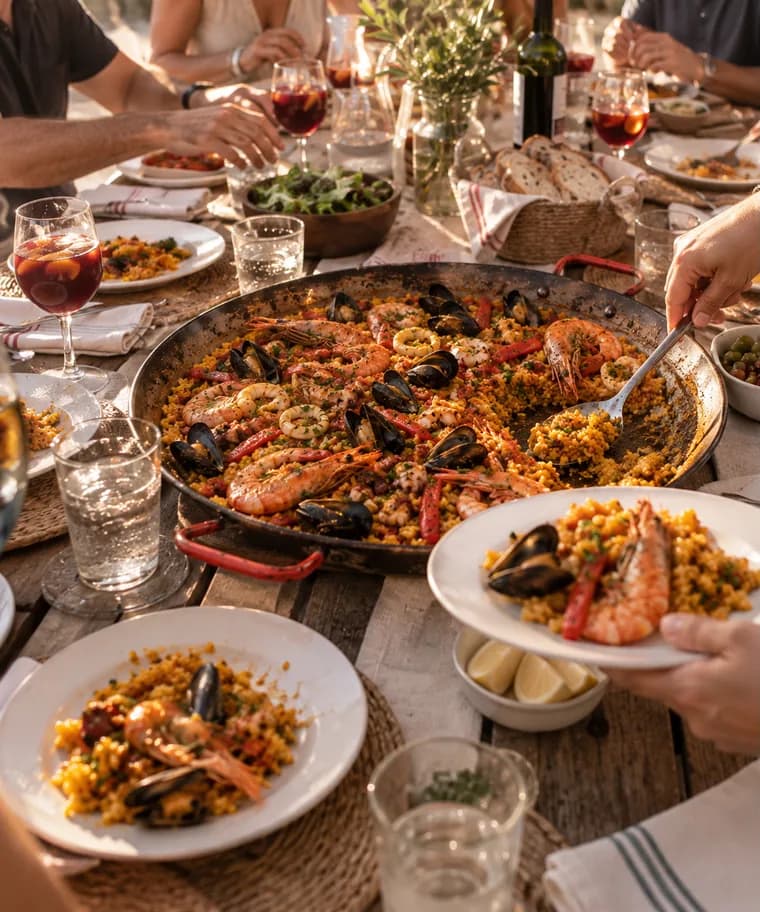 Mesa de evento con la paellera en el centro y los invitados sirviéndose