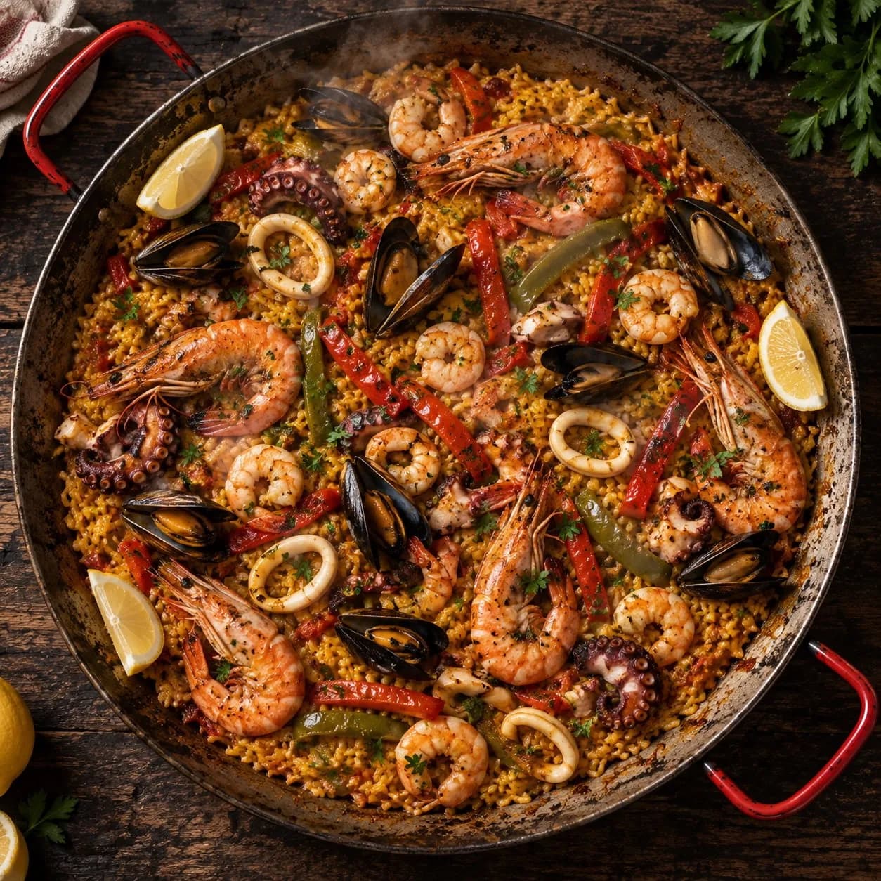Paella de mariscos completa en la paellera, con camarones jumbo, mejillones, calamares y pulpo