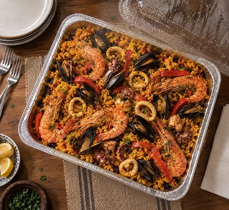 Bandeja de paella recién abierta sobre la mesa, con la tapa a un lado